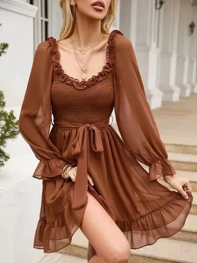 Look Fab in a Tie Front Ruffle Hem Smocked Mini Dress