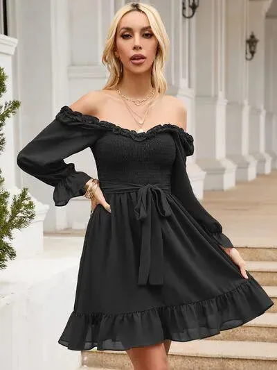 Look Fab in a Tie Front Ruffle Hem Smocked Mini Dress
