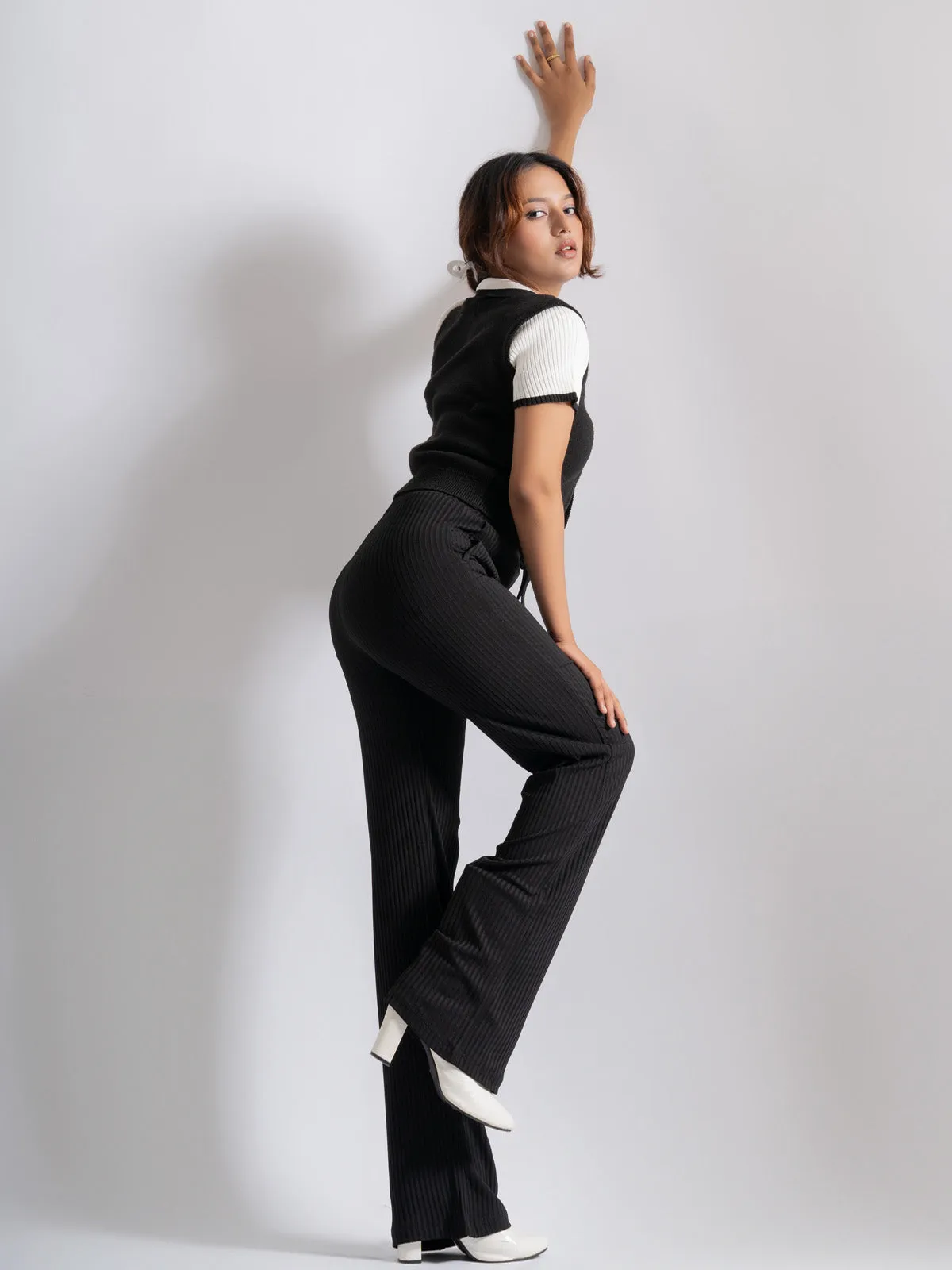 Luxe Black Lounge Ribbed Korean Trousers
