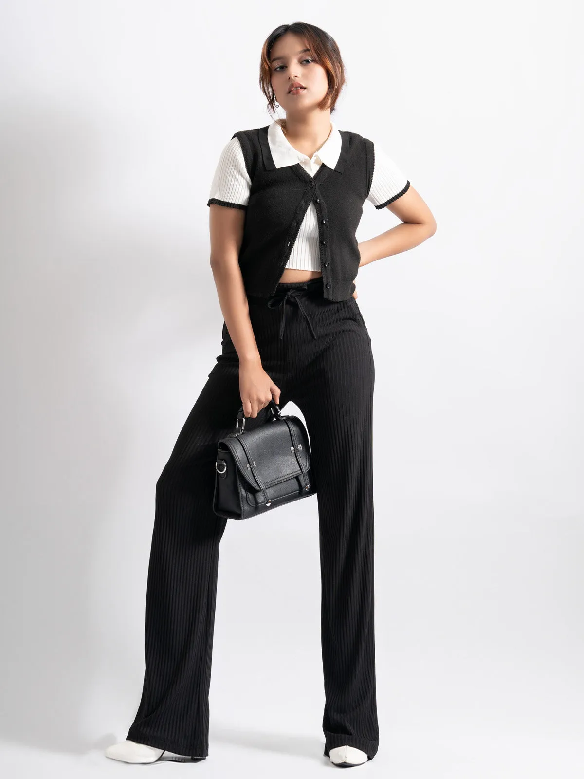 Luxe Black Lounge Ribbed Korean Trousers