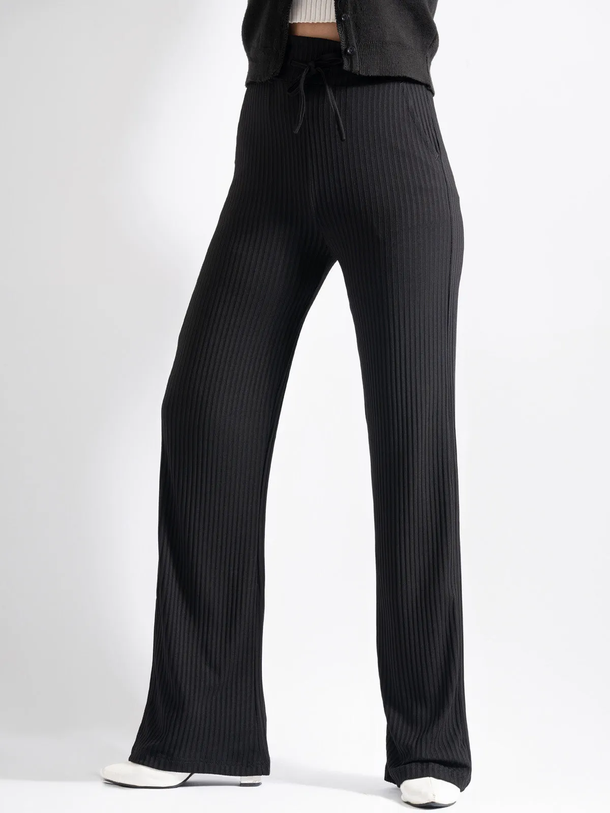 Luxe Black Lounge Ribbed Korean Trousers