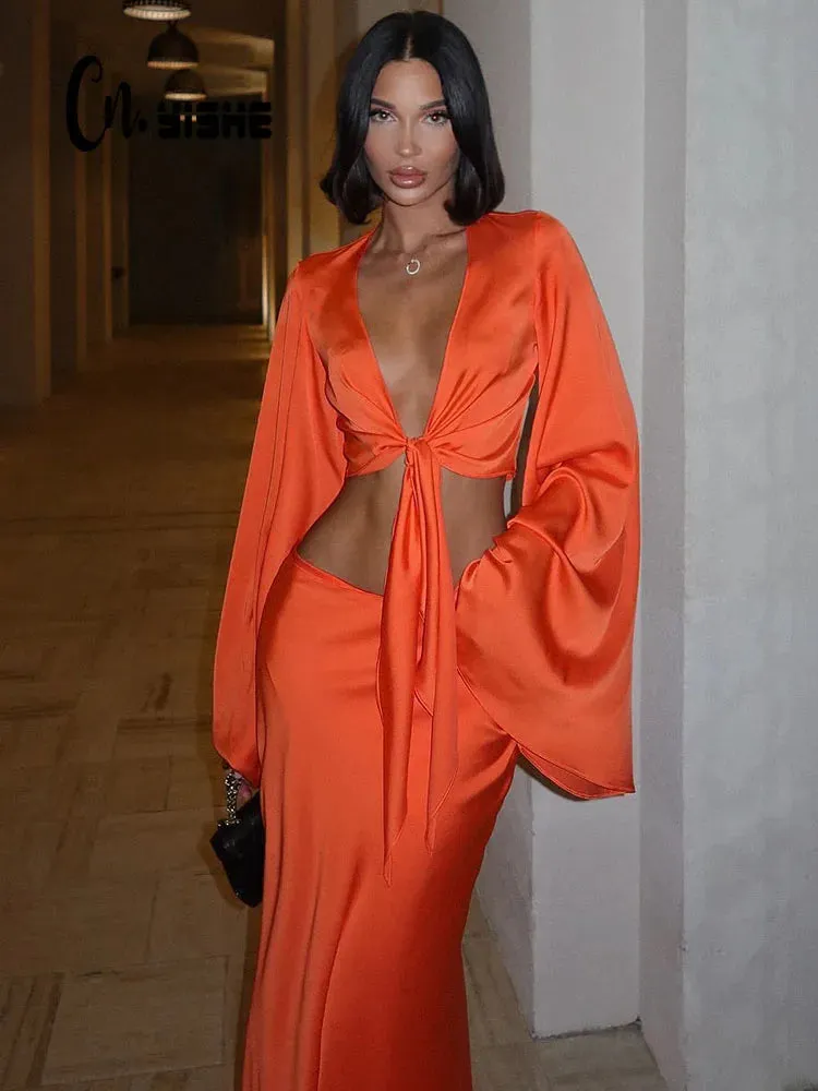 LVSANW Cnyishe Elegant Solid Suits Sexy Club Women Sets V Neck Long Sleeve Fashion Streetwear Sheath Tracksuits 2-pieces (Tops Skirts)