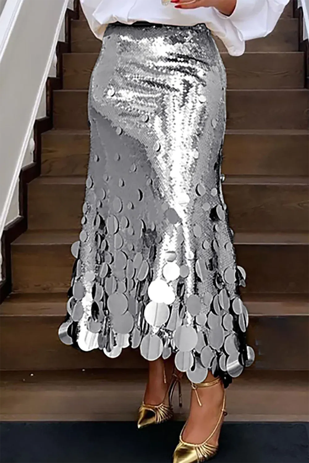 LVSANW Plus Size Women Formal Skirts Elegant Gold Silver Long Sequin Party Club Evening High Waist Skirts Female Casual Cocktail Skirts