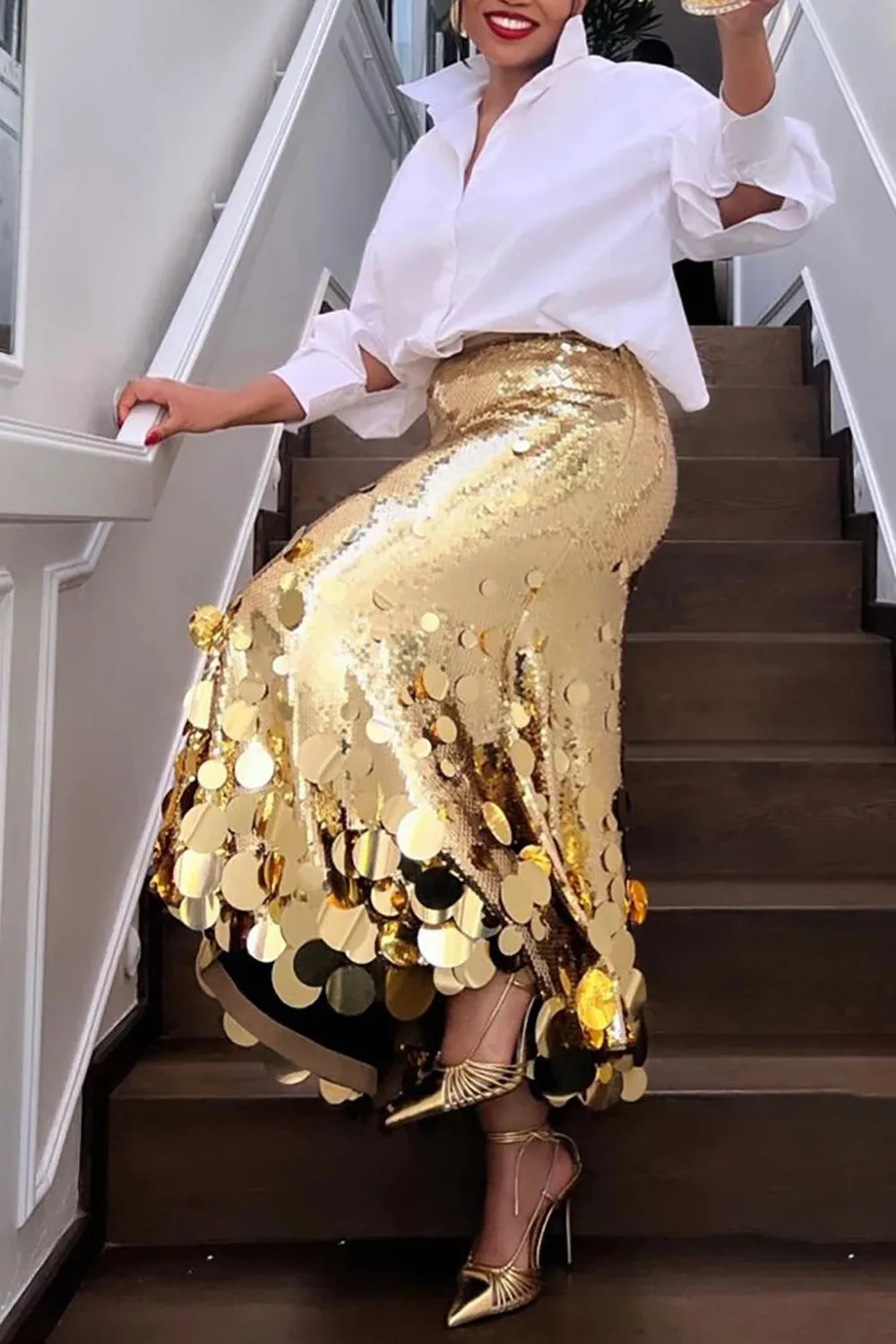 LVSANW Plus Size Women Formal Skirts Elegant Gold Silver Long Sequin Party Club Evening High Waist Skirts Female Casual Cocktail Skirts