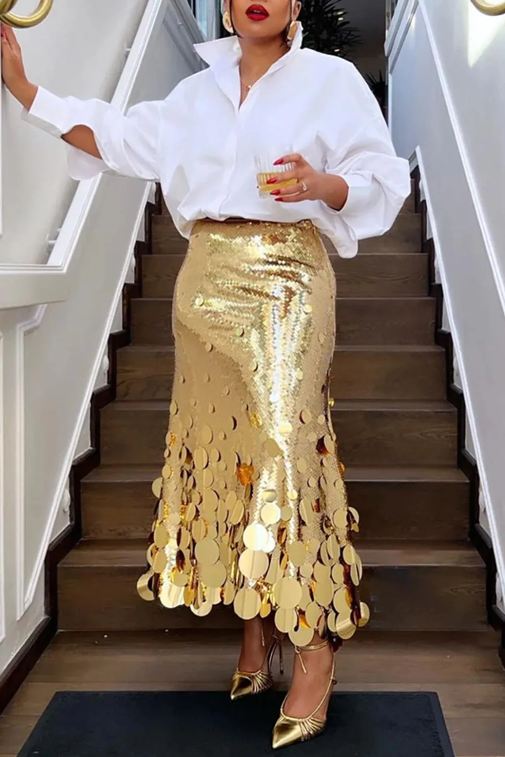 LVSANW Plus Size Women Formal Skirts Elegant Gold Silver Long Sequin Party Club Evening High Waist Skirts Female Casual Cocktail Skirts