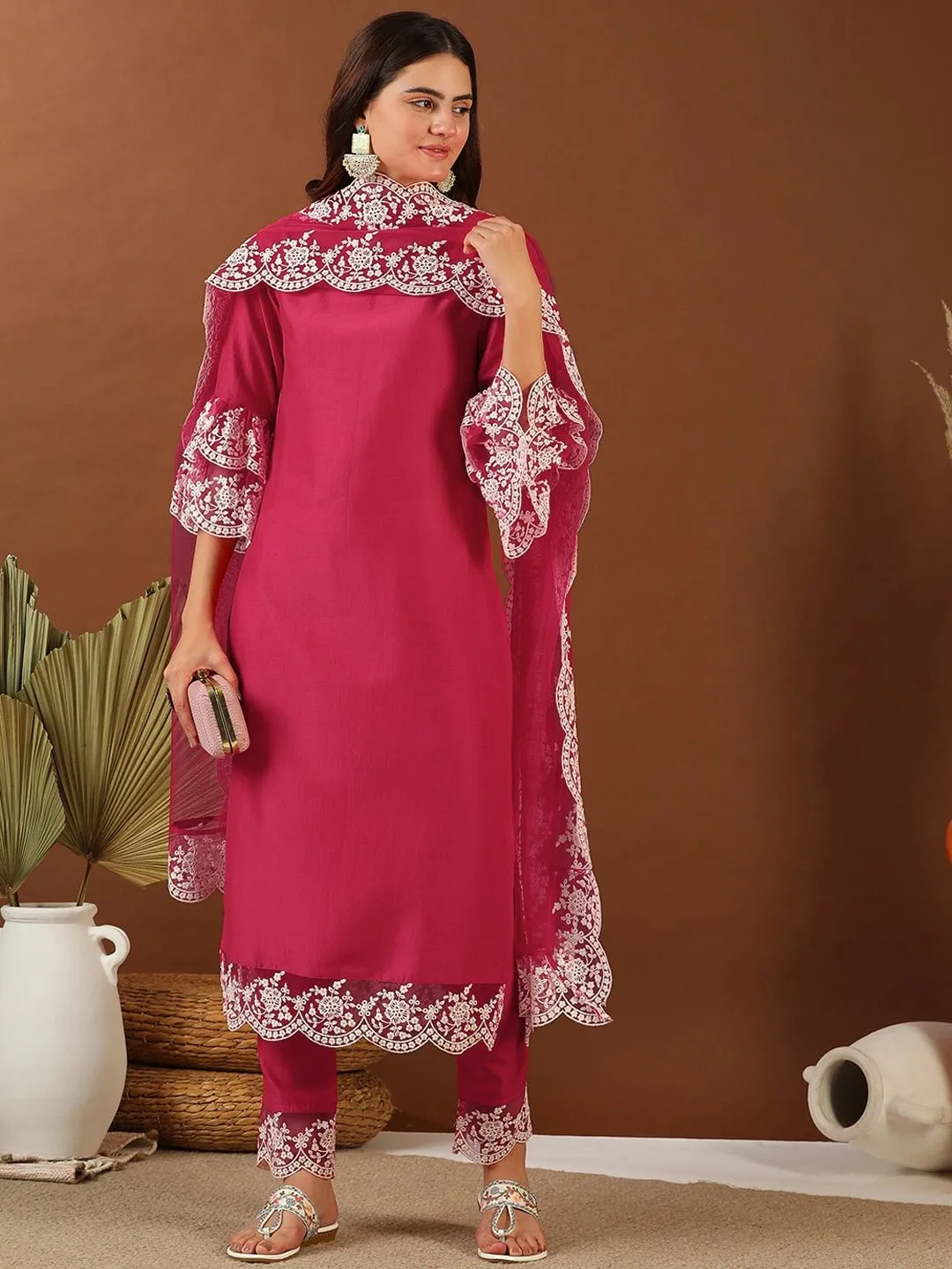Magenta Thread Work Round Neck Straight Kurta with Trousers & With Dupatta