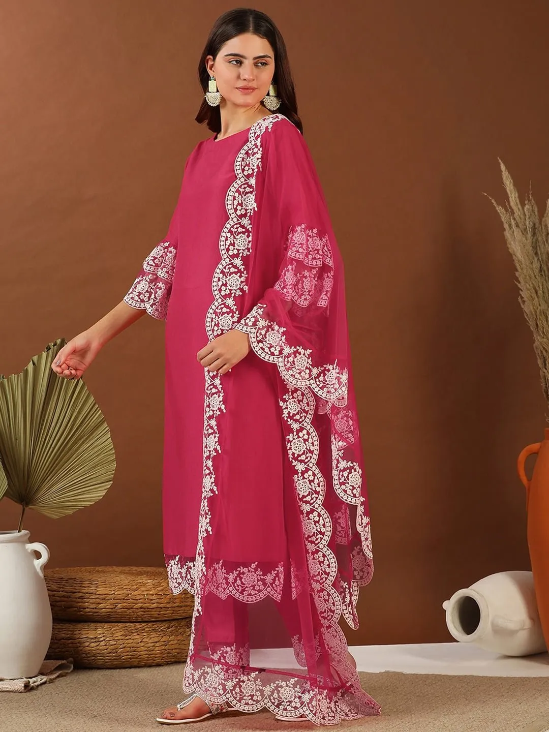 Magenta Thread Work Round Neck Straight Kurta with Trousers & With Dupatta