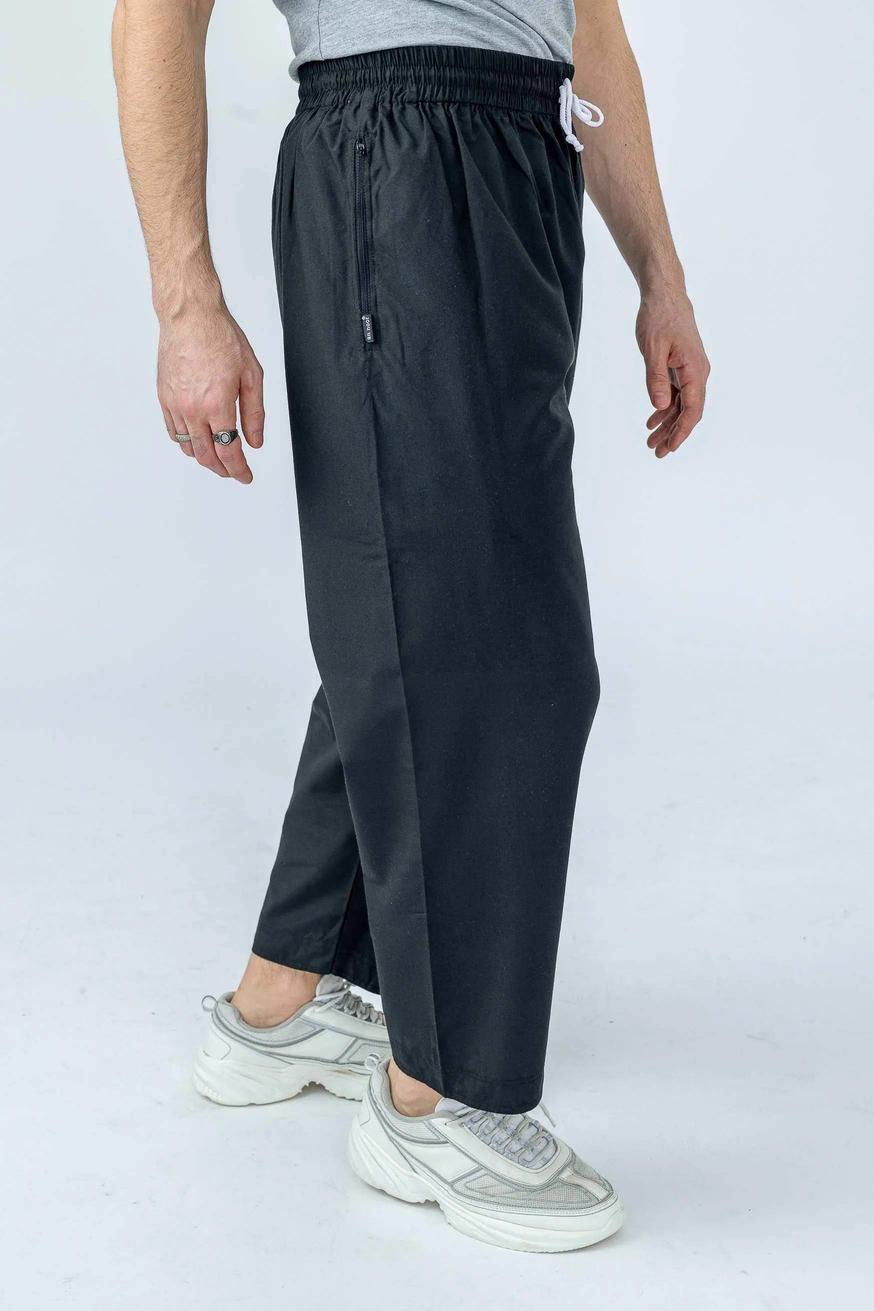 Mens Comfy Black Trousers with Elastic Waist & Zip Pocket