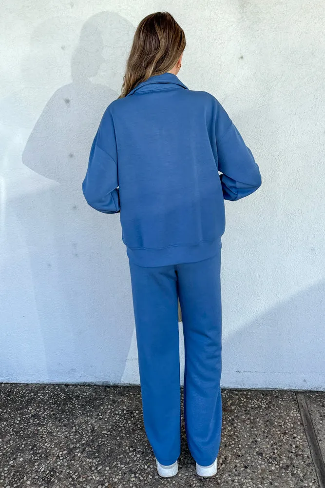 Mock Neck Scuba Soft Pants Set-Paradise Blue