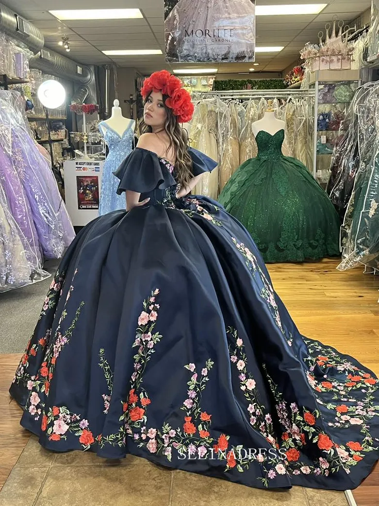 Off Shoulder Navy Embroidery Flower Wedding Dress with Sweep Train Princess Evening Gowns sew1094