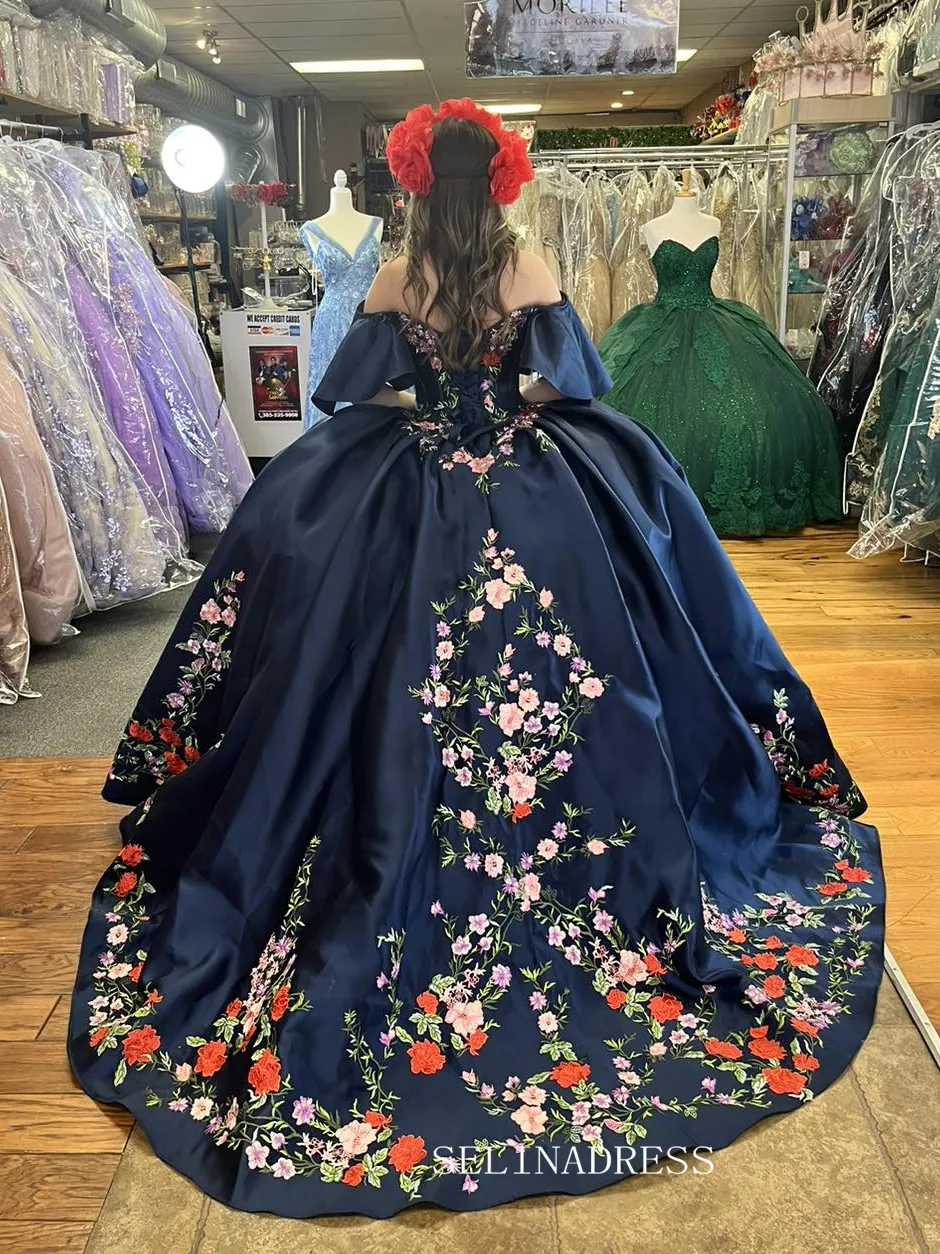 Off Shoulder Navy Embroidery Flower Wedding Dress with Sweep Train Princess Evening Gowns sew1094