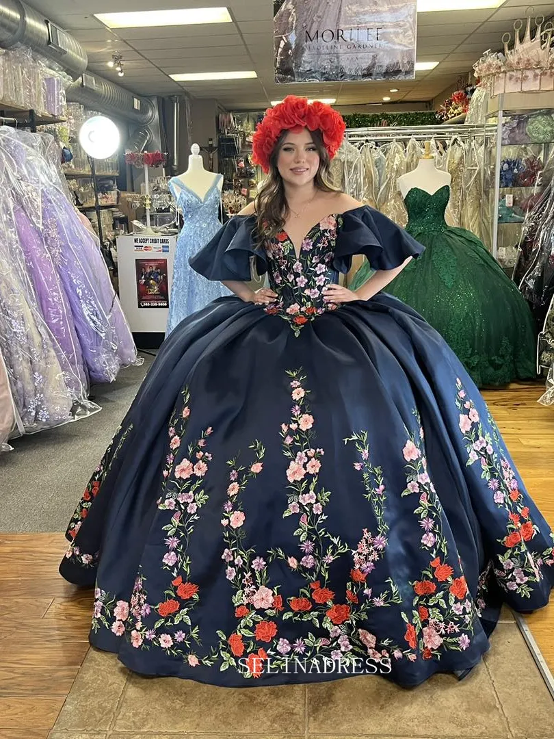 Off Shoulder Navy Embroidery Flower Wedding Dress with Sweep Train Princess Evening Gowns sew1094