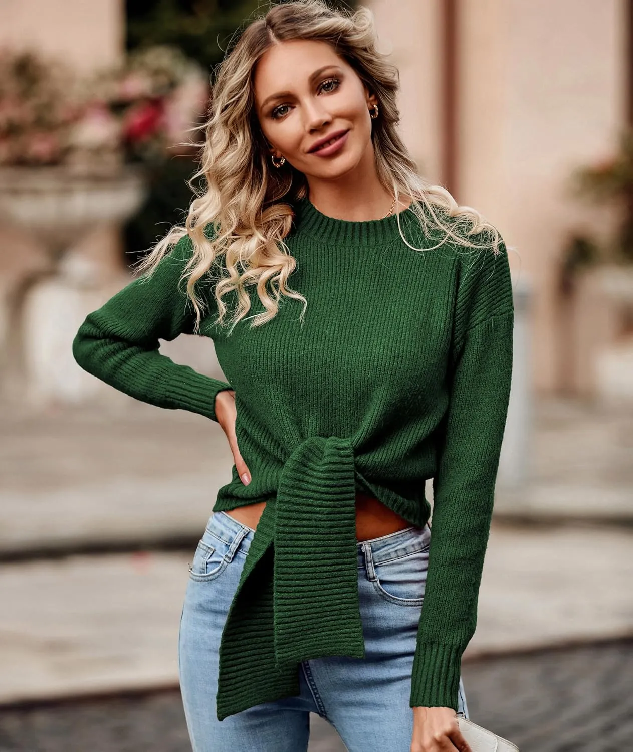 Okiwam Women's Long Sleeve Cropped Knit Sweater Tie Front Crew Neck Solid Color Ribbed Pullover 2025 Casual Tops Jumper