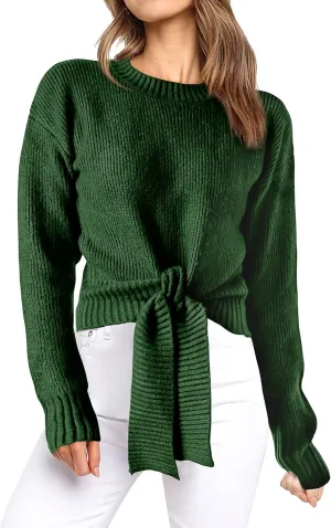 Okiwam Women's Long Sleeve Cropped Knit Sweater Tie Front Crew Neck Solid Color Ribbed Pullover 2025 Casual Tops Jumper