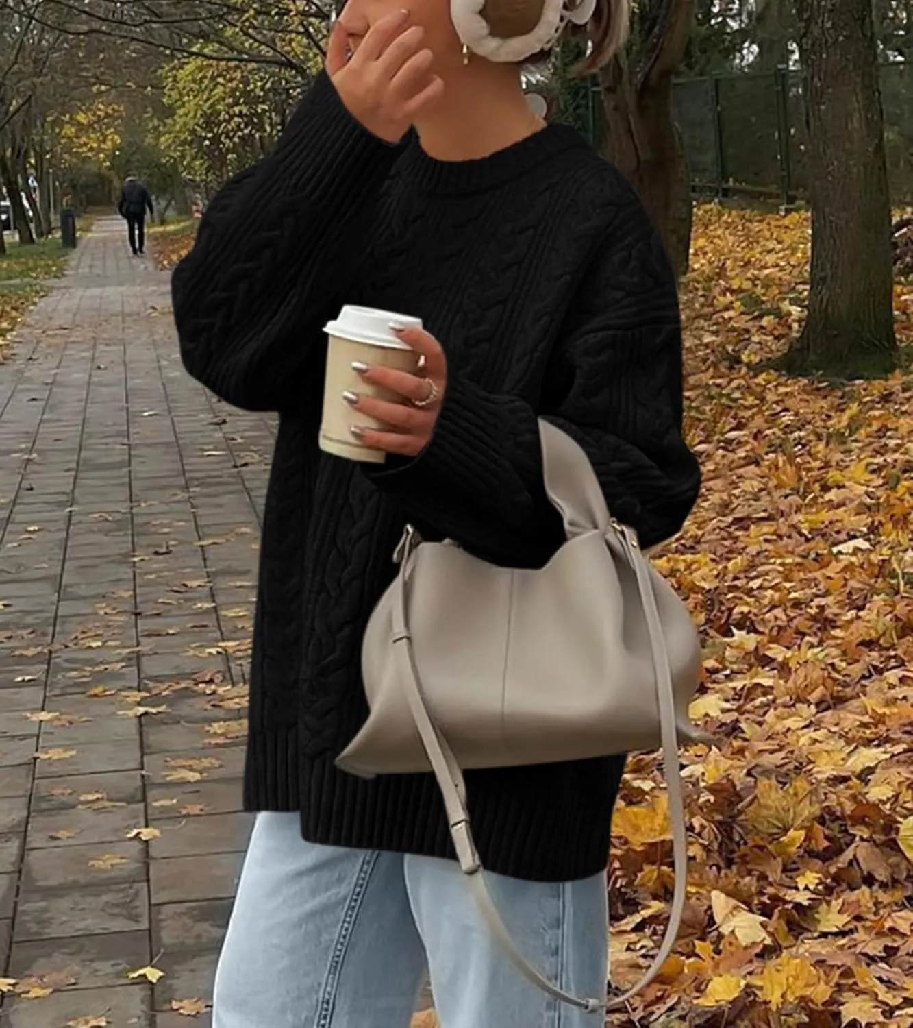Okiwam Women's Oversized Sweaters Long Sleeve Crewneck Chunky Knitted Pullover 2025 Fall Fashion Solid Color Jumper Tops