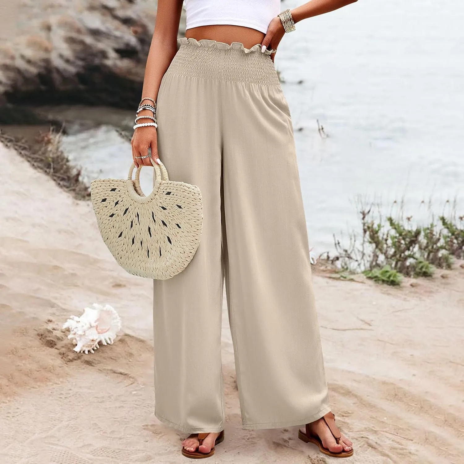 Palazzo Pants for Women Cotton Linen High Rise Summer Loose Pants Trendy Button Palazzo Pockets Solid Trousers Trendy
