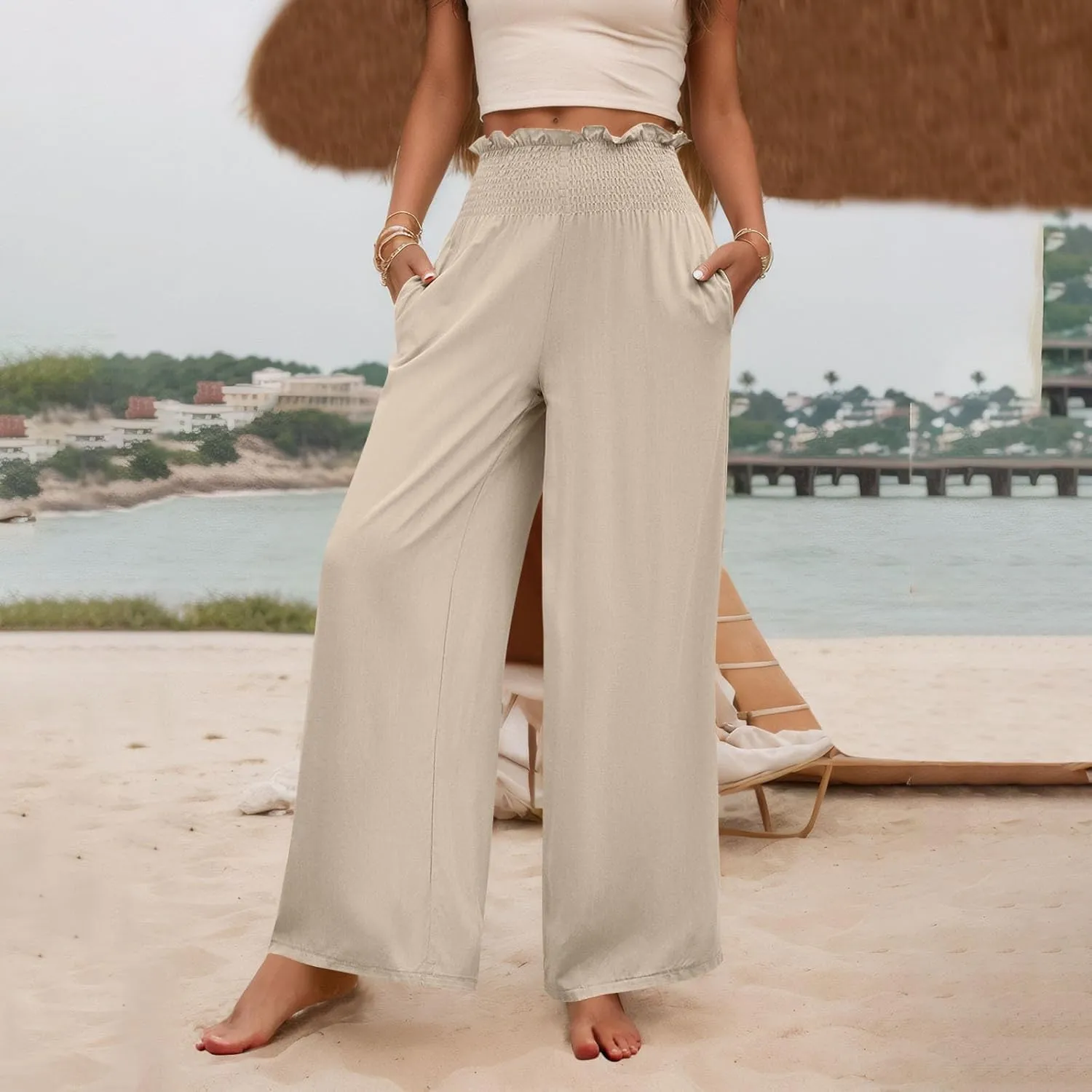 Palazzo Pants for Women Cotton Linen High Rise Summer Loose Pants Trendy Button Palazzo Pockets Solid Trousers Trendy