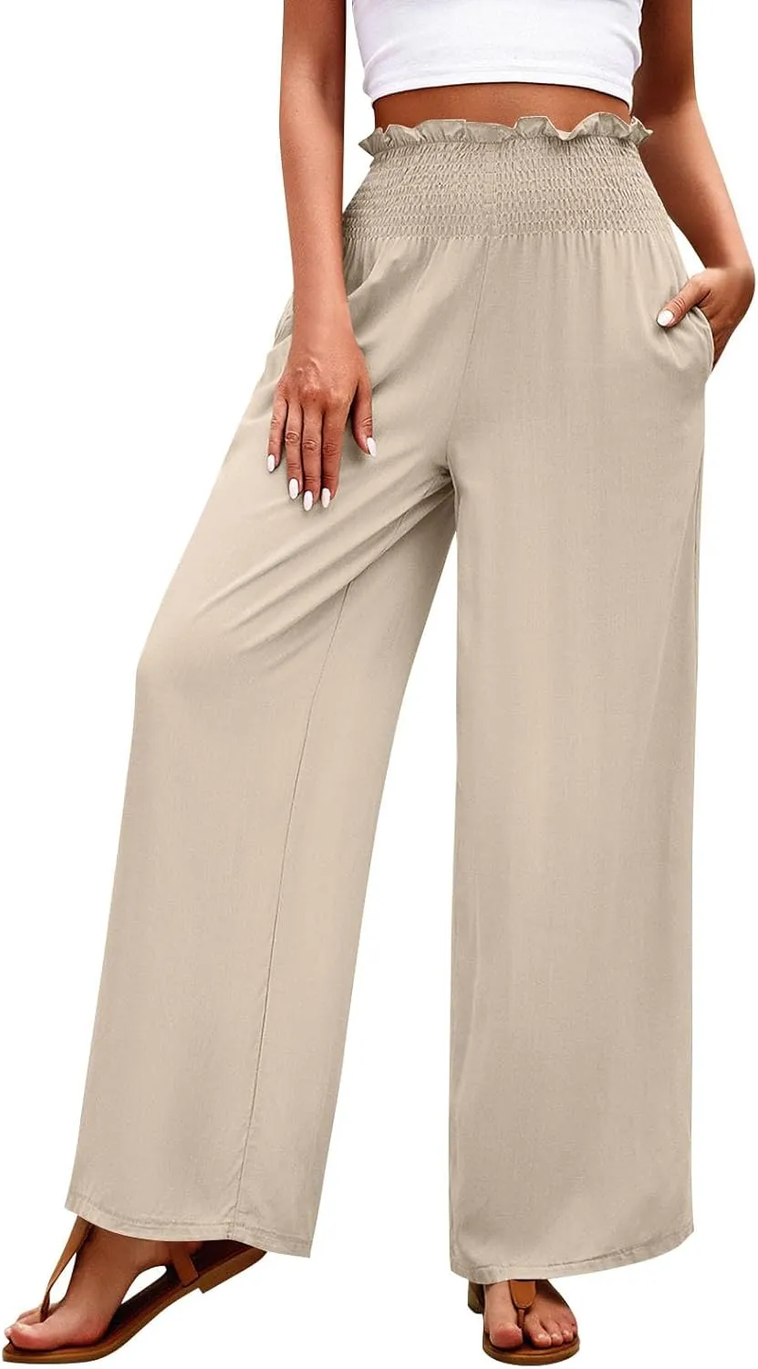 Palazzo Pants for Women Cotton Linen High Rise Summer Loose Pants Trendy Button Palazzo Pockets Solid Trousers Trendy