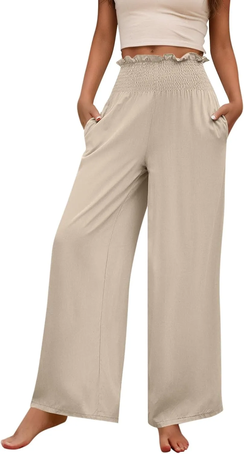 Palazzo Pants for Women Cotton Linen High Rise Summer Loose Pants Trendy Button Palazzo Pockets Solid Trousers Trendy