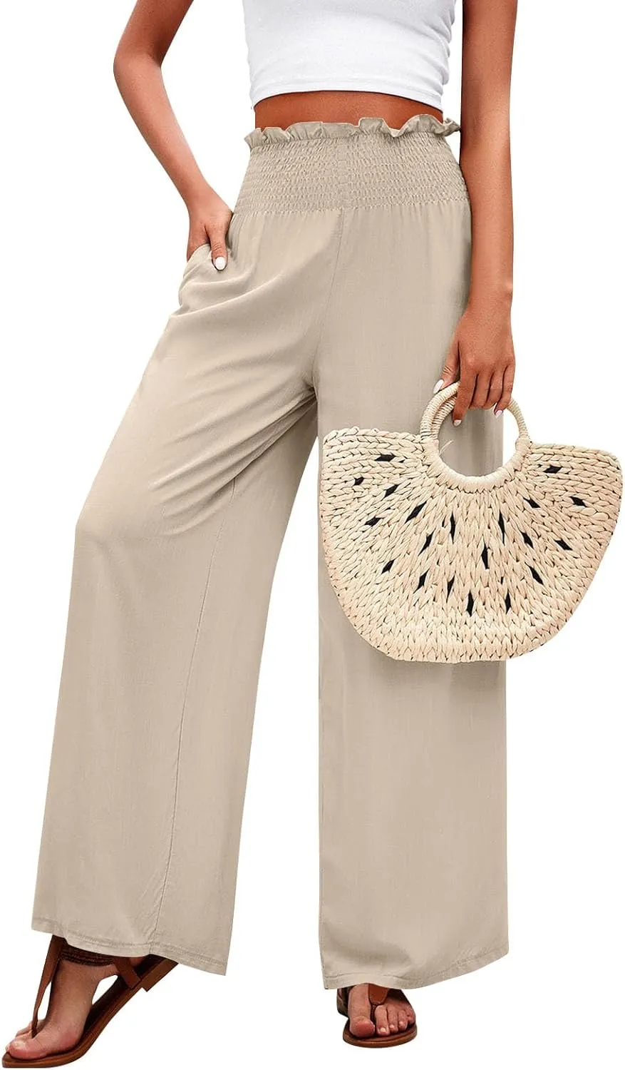 Palazzo Pants for Women Cotton Linen High Rise Summer Loose Pants Trendy Button Palazzo Pockets Solid Trousers Trendy