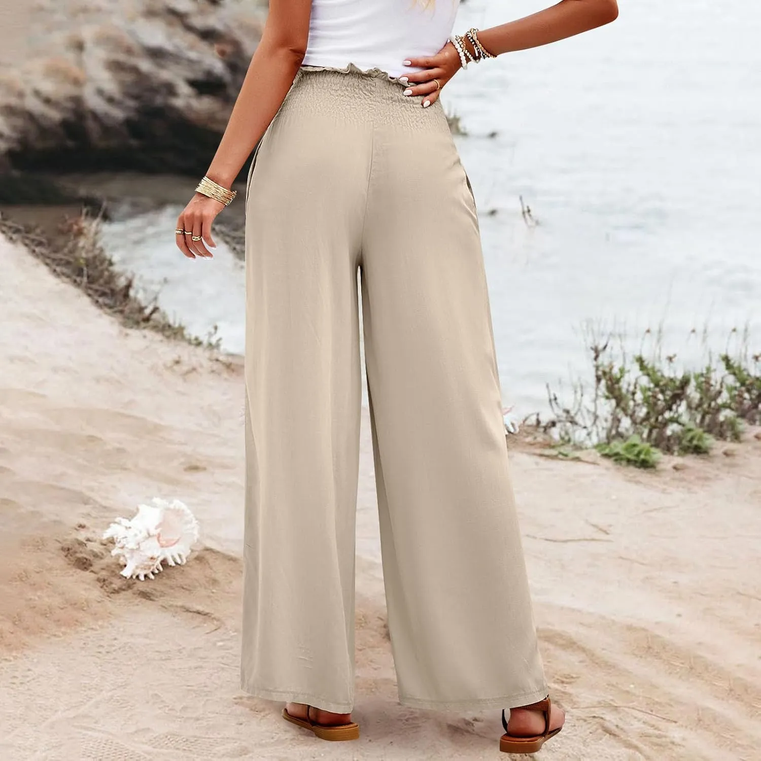 Palazzo Pants for Women Cotton Linen High Rise Summer Loose Pants Trendy Button Palazzo Pockets Solid Trousers Trendy