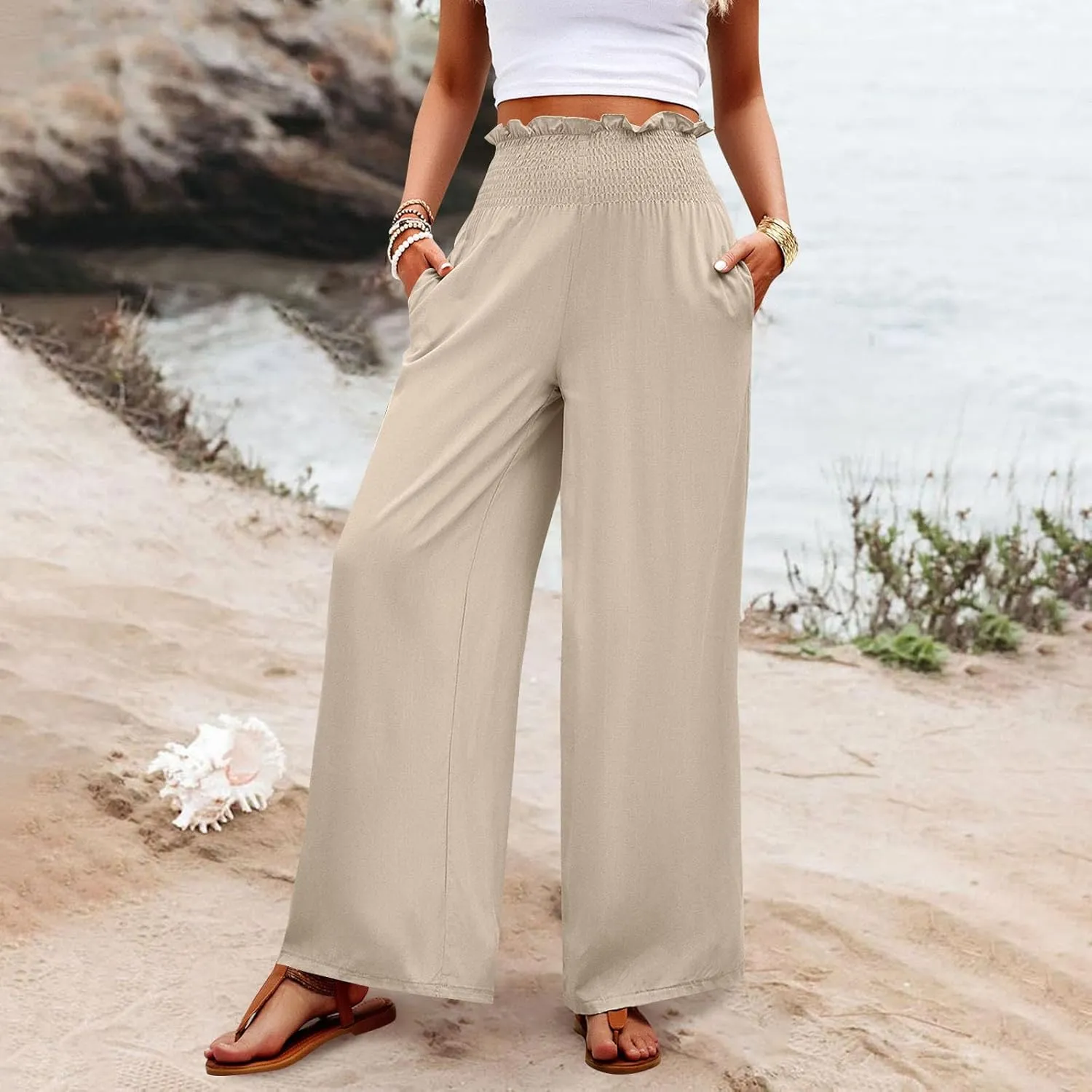 Palazzo Pants for Women Cotton Linen High Rise Summer Loose Pants Trendy Button Palazzo Pockets Solid Trousers Trendy