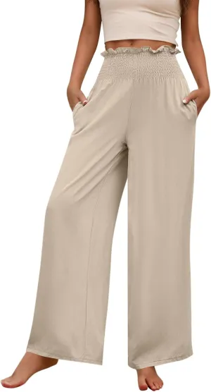 Palazzo Pants for Women Cotton Linen High Rise Summer Loose Pants Trendy Button Palazzo Pockets Solid Trousers Trendy