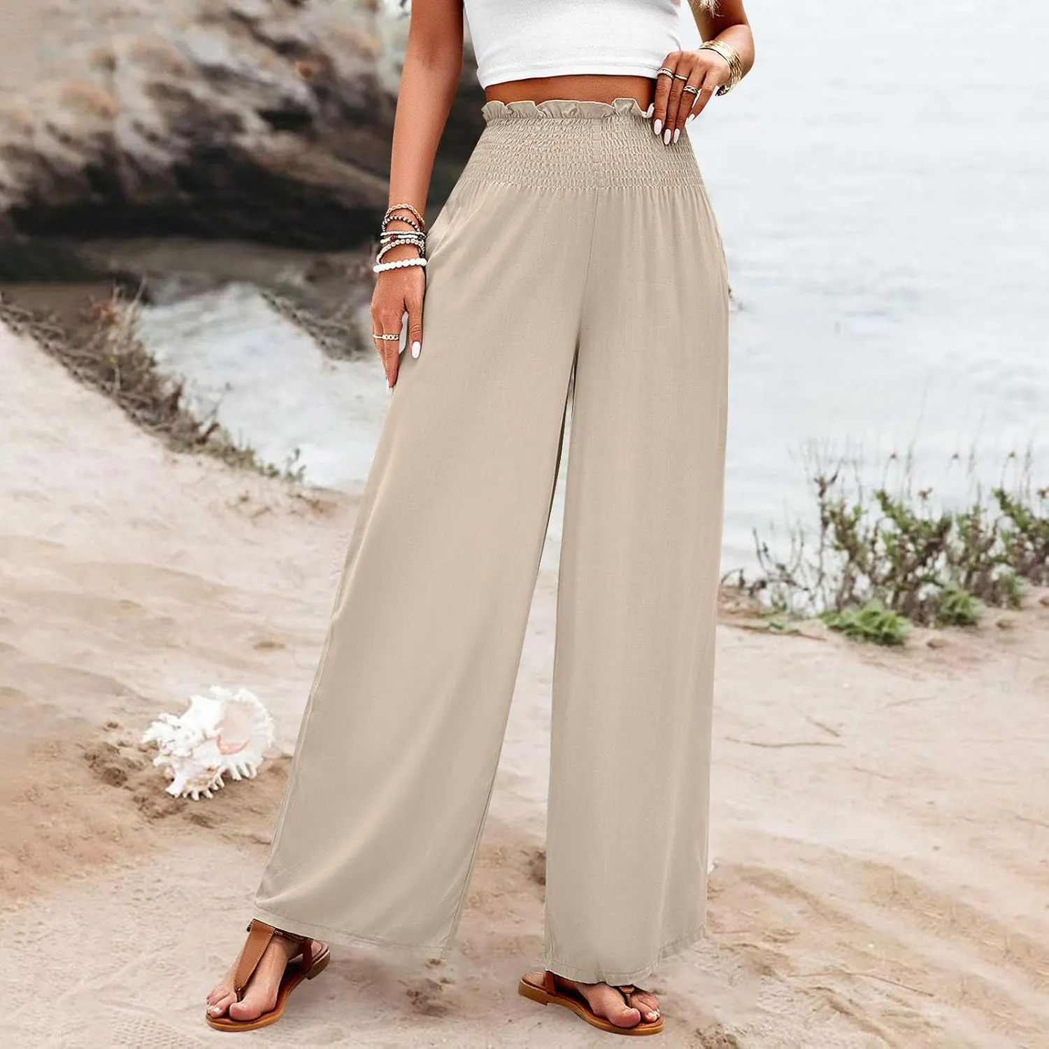 Palazzo Pants for Women Cotton Linen High Rise Summer Loose Pants Trendy Button Palazzo Pockets Solid Trousers Trendy