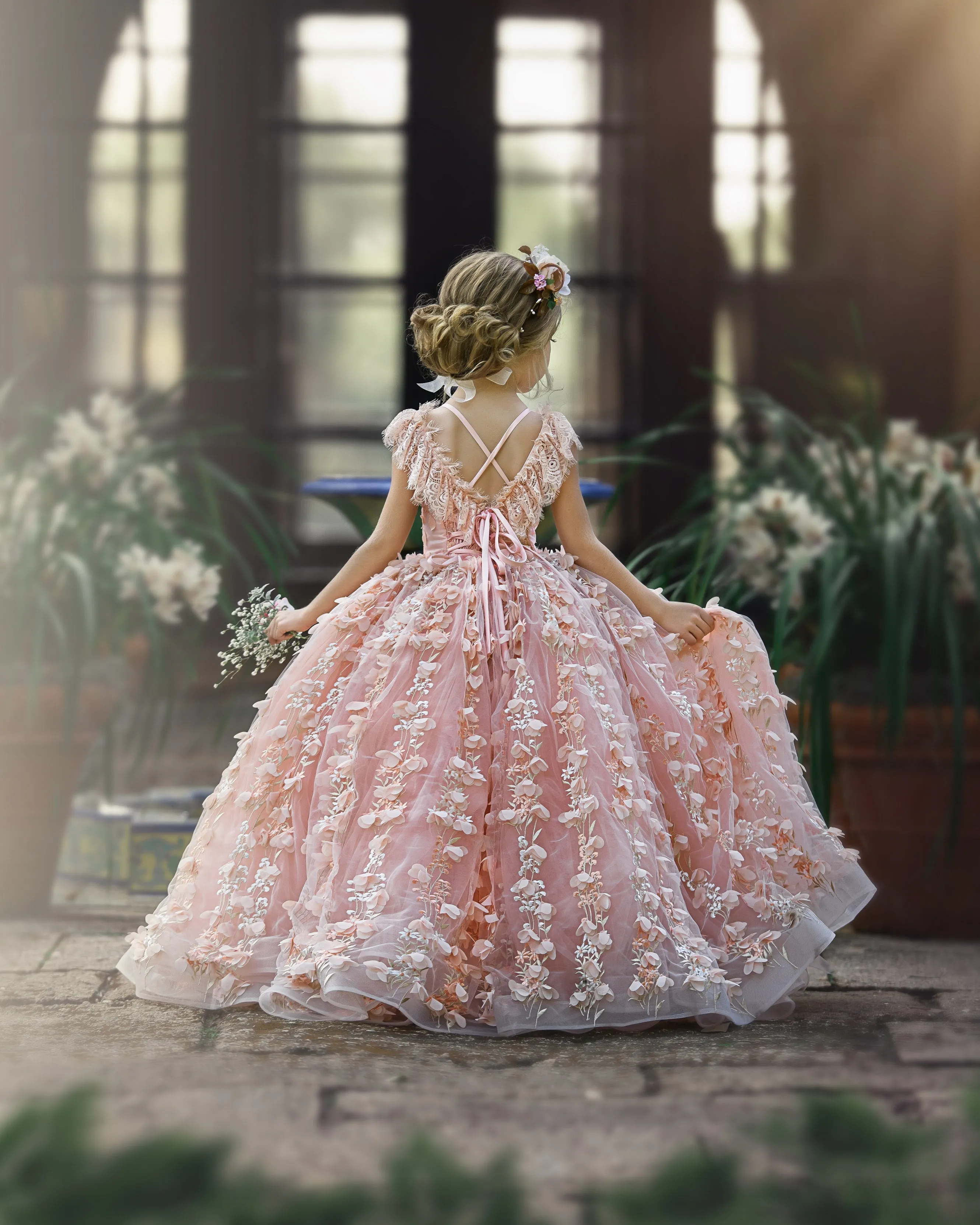 Princess Pink A-line Cap Sleeves Lace Flower Girls Dress