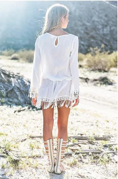 Sexy Long Sleeves V-neck Fringe Beach Cover Up Dress