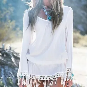 Sexy Long Sleeves V-neck Fringe Beach Cover Up Dress