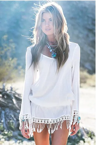 Sexy Long Sleeves V-neck Fringe Beach Cover Up Dress