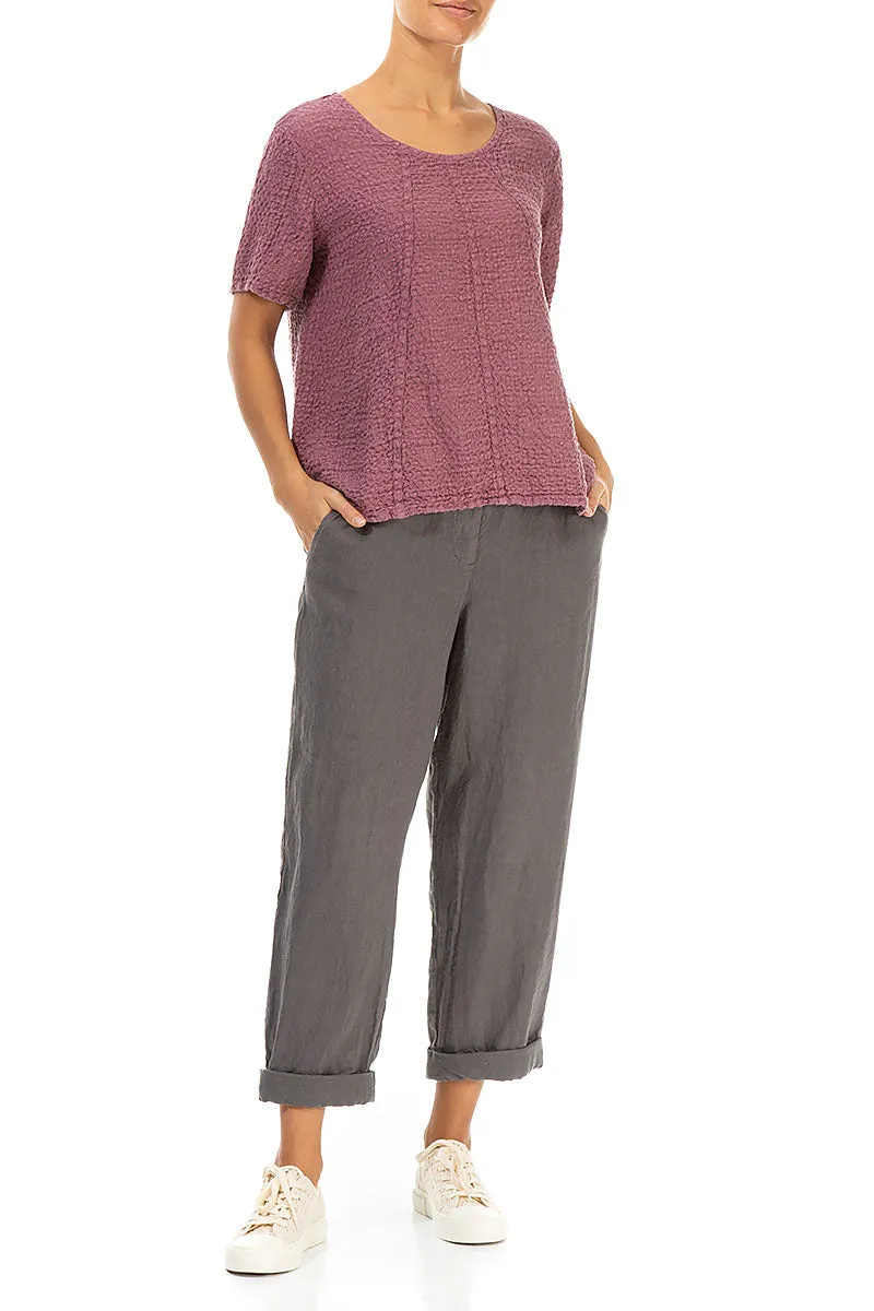 Short Sleeves Textured Mauve Taupe Linen Blouse