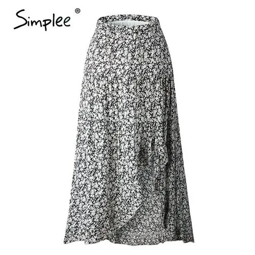 Simplee Bohemian floral print women skirt Elegant ruffled front split