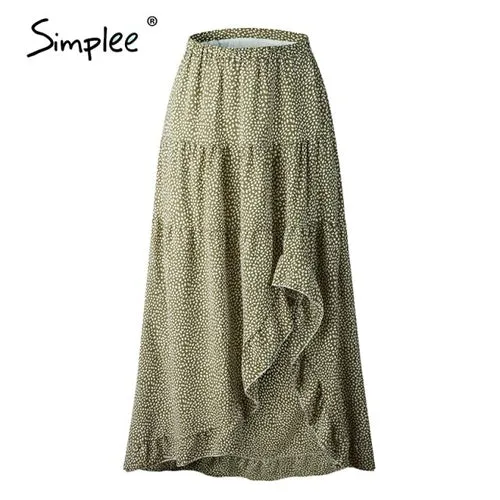Simplee Bohemian floral print women skirt Elegant ruffled front split