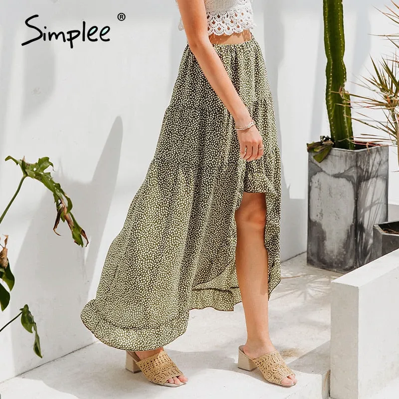 Simplee Bohemian floral print women skirt Elegant ruffled front split