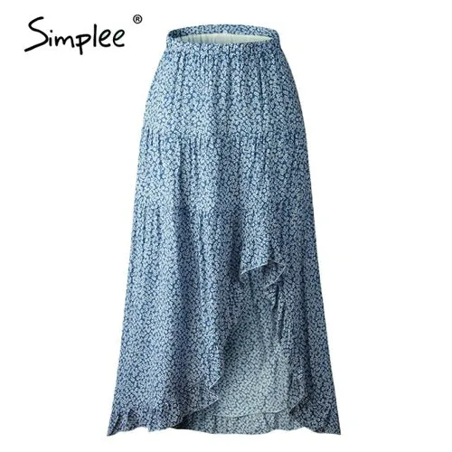 Simplee Bohemian floral print women skirt Elegant ruffled front split
