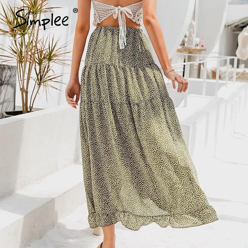 Simplee Bohemian floral print women skirt Elegant ruffled front split