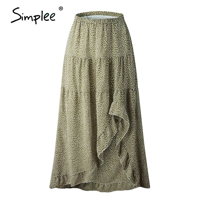 Simplee Bohemian floral print women skirt Elegant ruffled front split