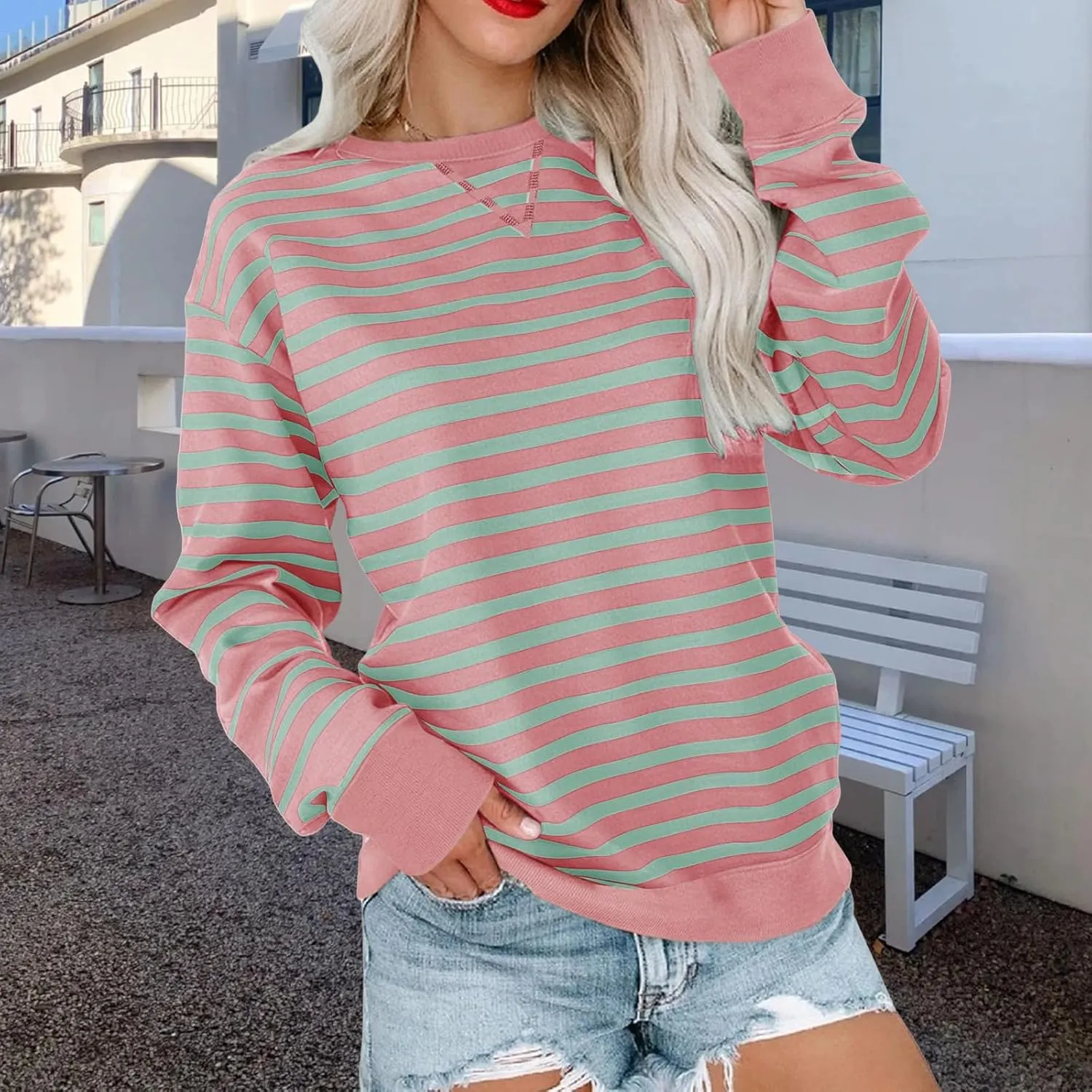 Sweatshirts For Women 2024 Fall Crewneck Striped Tunic Tops Casual Long Sleeve Shirts Trendy Pullover Outfits