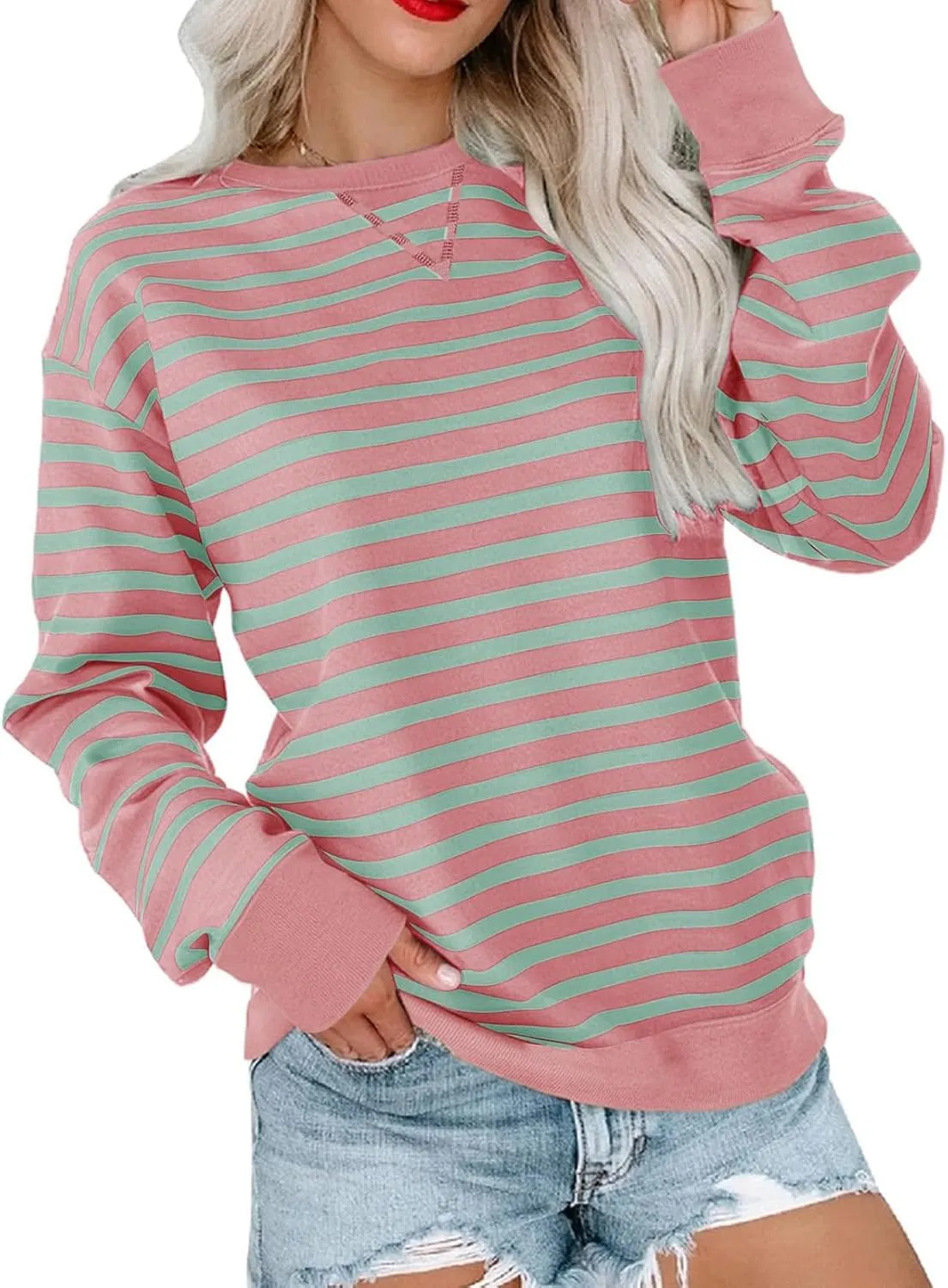 Sweatshirts For Women 2024 Fall Crewneck Striped Tunic Tops Casual Long Sleeve Shirts Trendy Pullover Outfits