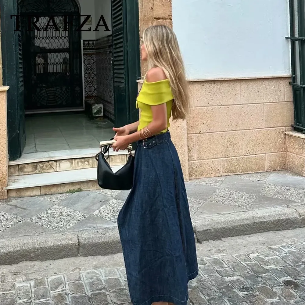 thanksgiving outfit Joskaa 2024 Spring Summer Casual Denim Women Skirts Fashion Vintage Loose Sashes Elegant Chic Ladies Long Skirts
