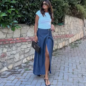 thanksgiving outfit Joskaa 2024 Spring Summer Casual Denim Women Skirts Fashion Vintage Loose Sashes Elegant Chic Ladies Long Skirts