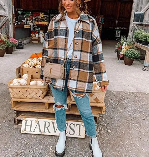 TWOWYHI Women's Casual Plaid Button Down Long Sleeve Shacket Jacket Coat Vintage Lapel Button Down Shirts (Khaki, X-Large)