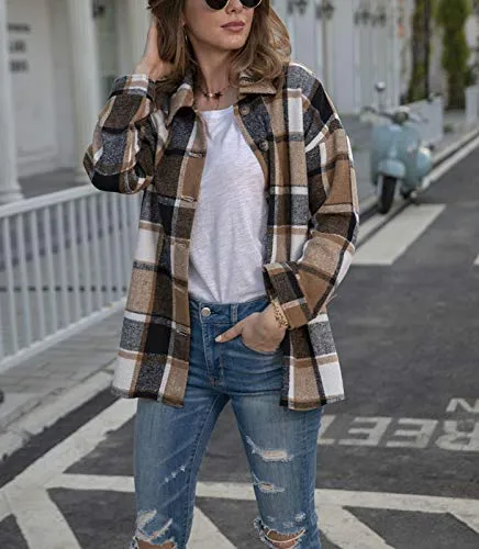 TWOWYHI Women's Casual Plaid Button Down Long Sleeve Shacket Jacket Coat Vintage Lapel Button Down Shirts (Khaki, X-Large)