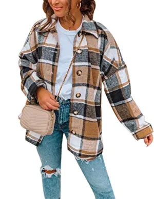 TWOWYHI Women's Casual Plaid Button Down Long Sleeve Shacket Jacket Coat Vintage Lapel Button Down Shirts (Khaki, X-Large)