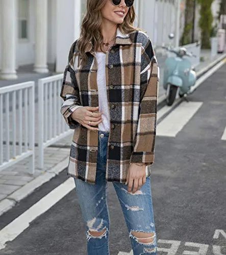 TWOWYHI Women's Casual Plaid Button Down Long Sleeve Shacket Jacket Coat Vintage Lapel Button Down Shirts (Khaki, X-Large)