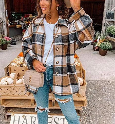 TWOWYHI Women's Casual Plaid Button Down Long Sleeve Shacket Jacket Coat Vintage Lapel Button Down Shirts (Khaki, X-Large)