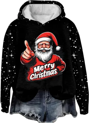 Ugly Christmas Hoodie, Womens Long Sleeve 2024 Sweatshirts Loose O Neck Shirt Snowflake Print Pullover Tshirt Daily Tops