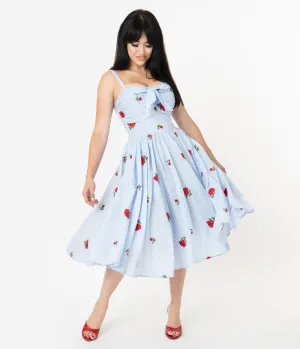 Unique Vintage 1950s Blue & White Gingham Roses Print Golightly Swing Dress